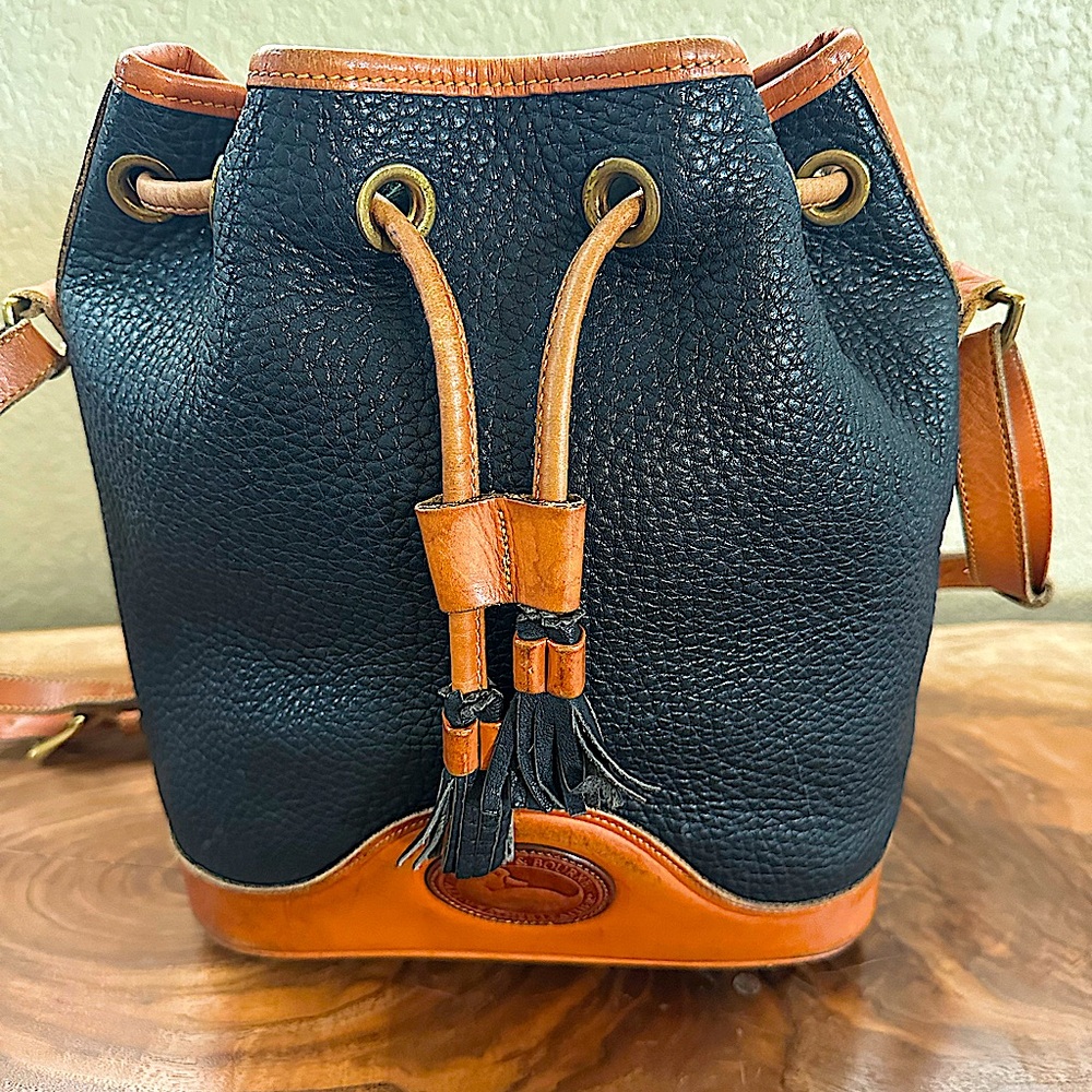 Vintage Dooney & Bourke Black Drawstring Pebbled Leather Bucket Bag